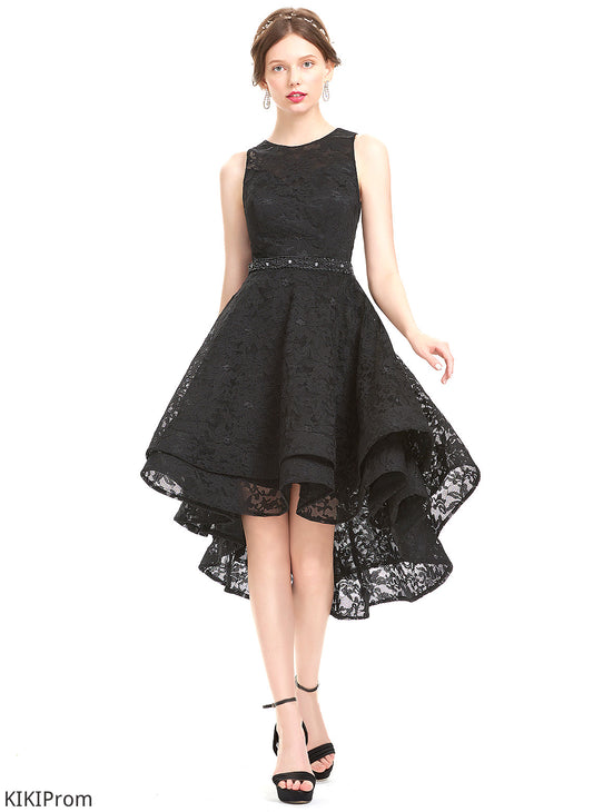 Beading Lace A-Line With Dress Neck Homecoming Dresses Homecoming Lace Asymmetrical Yvonne Scoop
