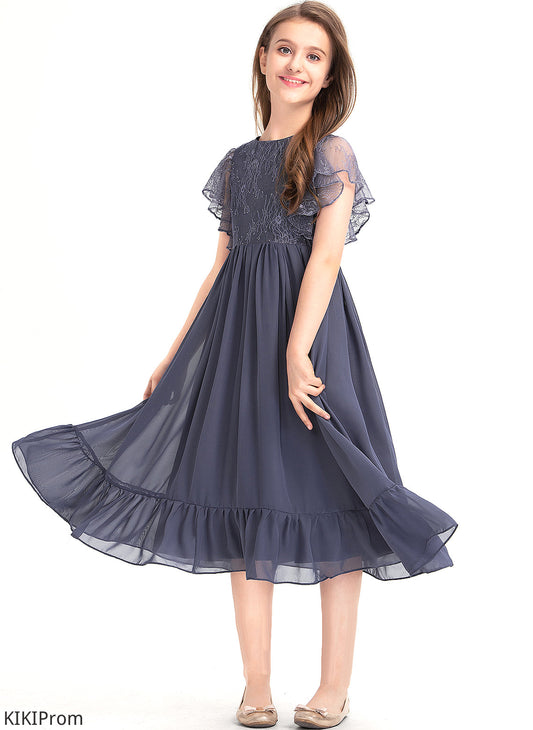 Neck Junior Bridesmaid Dresses Olga Knee-Length Cascading Chiffon Lace Ruffles Scoop With A-Line
