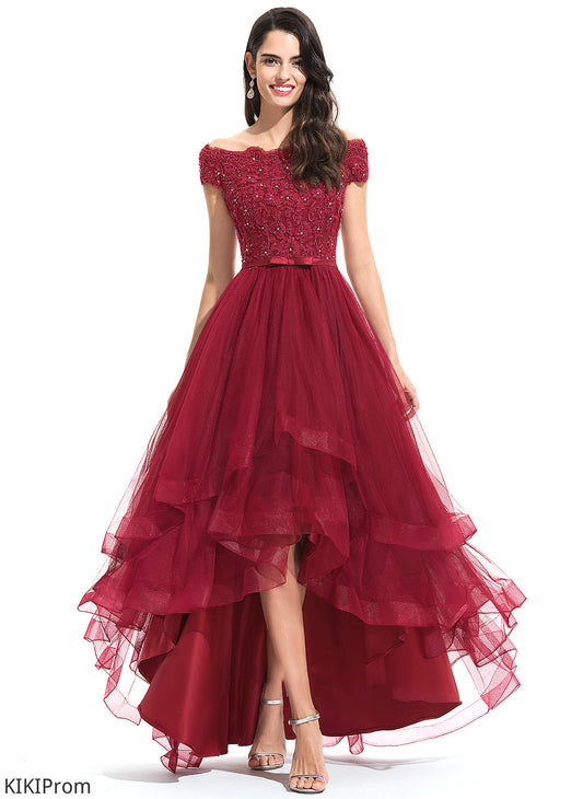 With Off-the-Shoulder Asymmetrical Ball-Gown/Princess Tulle Sequins Sibyl Beading Prom Dresses Bow(s)