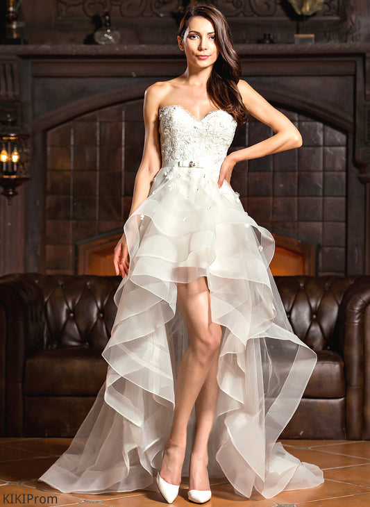 Beading Asymmetrical A-Line Sweetheart Lace Bow(s) Noemi Dress Charmeuse Wedding Dresses With Wedding Tulle