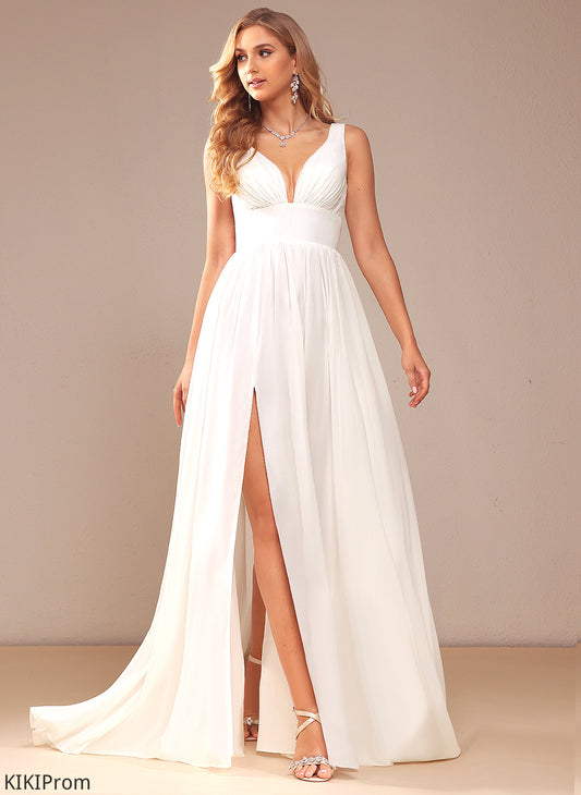 Train Chiffon With Split A-Line V-neck Front Guadalupe Wedding Dresses Sweep Dress Wedding