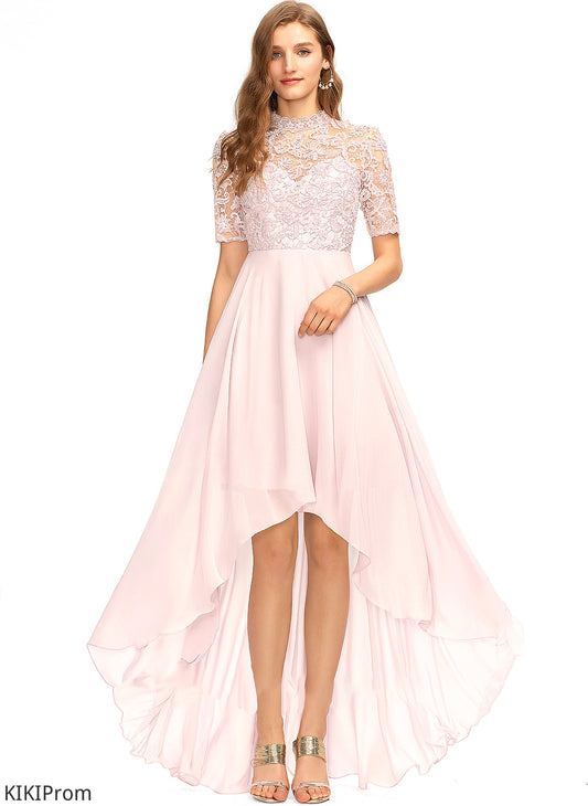 Silhouette A-Line Fabric Asymmetrical Length Lace Neckline Straps HighNeck Marina Bridesmaid Dresses