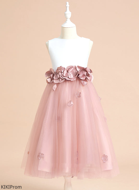 Scoop Neck A-Line Flower(s)/Bow(s) Haylie - Flower Girl Dresses Dress With Flower Satin/Tulle Girl Tea-length Sleeveless
