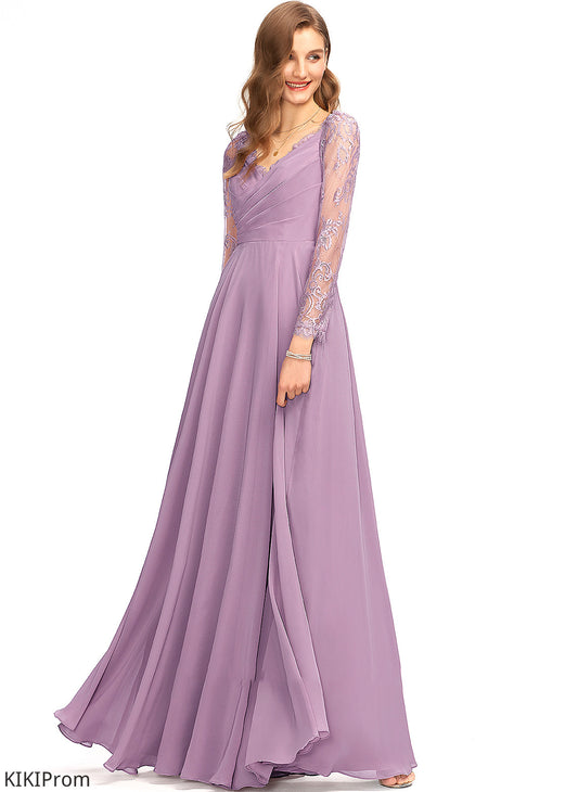 Lace V-neck A-Line Silhouette Neckline Fabric Floor-Length Straps Length Lesly Sleeveless Natural Waist Bridesmaid Dresses