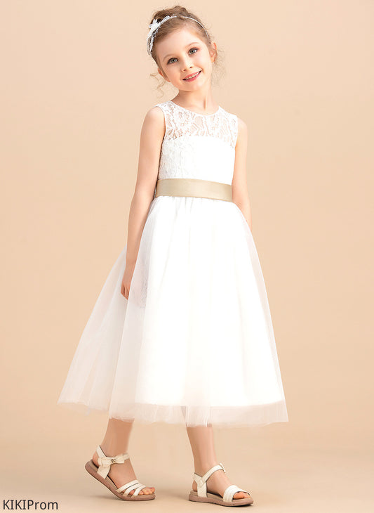 Flower Girl Dresses Tulle/Lace Sash/Bow(s)/Back - Tea-length Hole Val A-Line/Princess Scoop Sleeveless Girl Dress With Flower Neck