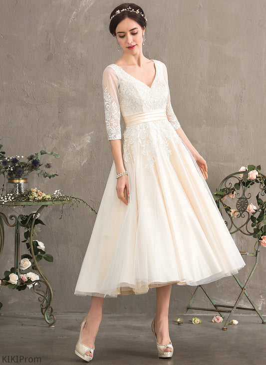 Tea-Length Wedding V-neck Tulle Ball-Gown/Princess Wedding Dresses Dress Janae