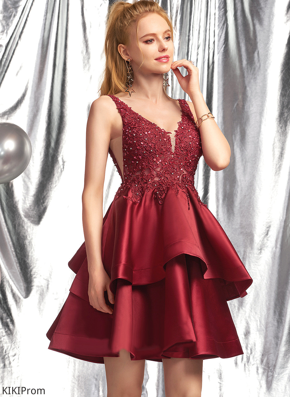 Sequins Satin Imani Short/Mini Dress A-Line Beading Lace With V-neck Homecoming Dresses Homecoming