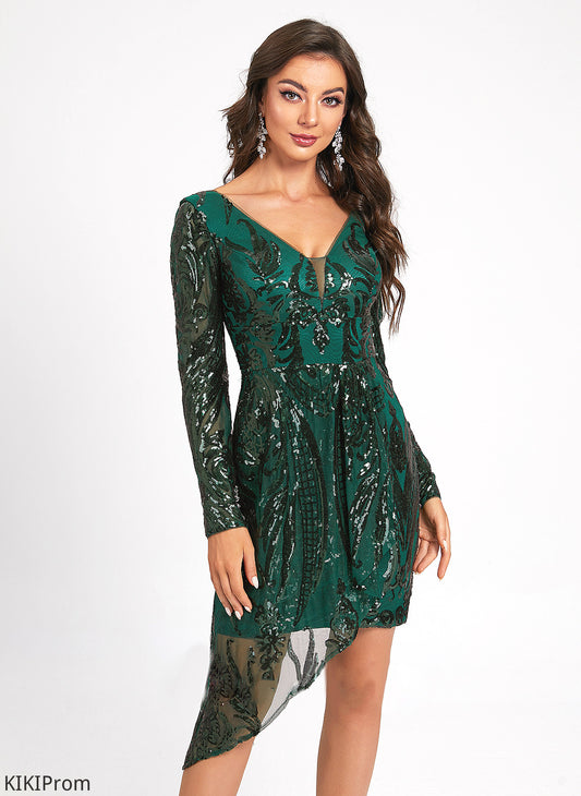 With Mavis V-neck Asymmetrical Sheath/Column Sequined Homecoming Dresses Lace Lace Sequins Homecoming Dress