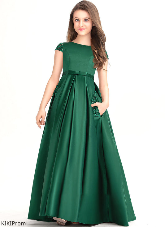 With Floor-Length Satin Ball-Gown/Princess Bow(s) Neck Scoop Pockets Junior Bridesmaid Dresses Kayla Lace