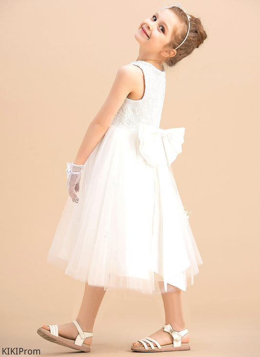 Satin/Tulle Neck Flower Girl Dresses Dress Flower Girl Tea-length A-Line Scoop With Sleeveless - Bow(s) Liliana