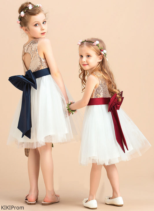Flower Girl Dresses Sequins/Bow(s) A-Line - Knee-length Girl Dress sash) Alison Neck Scoop (Undetachable Satin/Tulle/Sequined Flower With Sleeveless