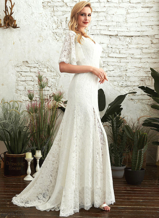 Callie With Train Split Wedding Dresses Front Lace Sheath/Column Wedding V-neck Sweep Dress
