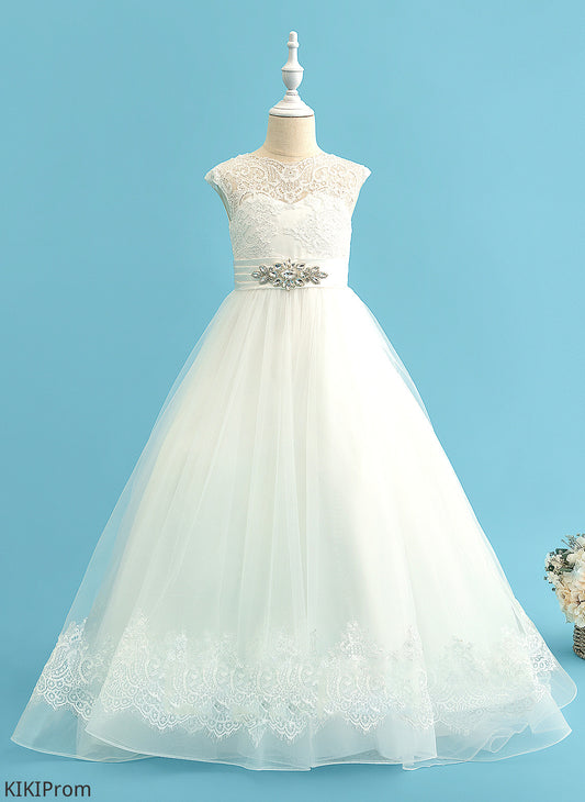 - Sleeveless Beading Scoop Girl Sweep Brooklyn Dress Flower Girl Dresses Flower With Train Ball-Gown/Princess Satin/Tulle/Lace Neck