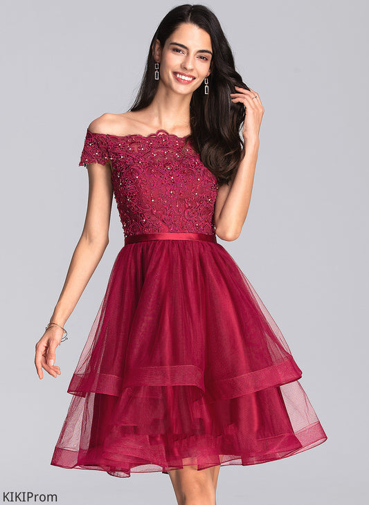 Tulle With Reese Lace A-Line Knee-Length Sequins Off-the-Shoulder Dress Homecoming Beading Homecoming Dresses