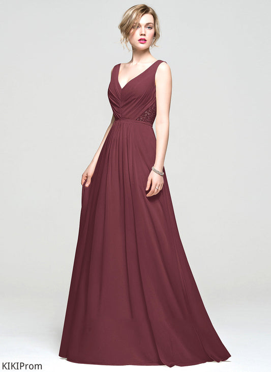 Lace V-neck Neckline Floor-Length Silhouette Fabric Beading Embellishment Sequins Length Ruffle A-Line Bridesmaid Dresses