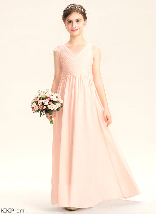 Ruffle With A-Line Chiffon Scarlet Floor-Length Junior Bridesmaid Dresses V-neck Lace