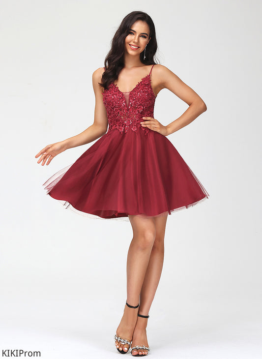 Homecoming Dresses Lace Sequins Tulle With V-neck A-Line Dress Sophronia Homecoming Short/Mini