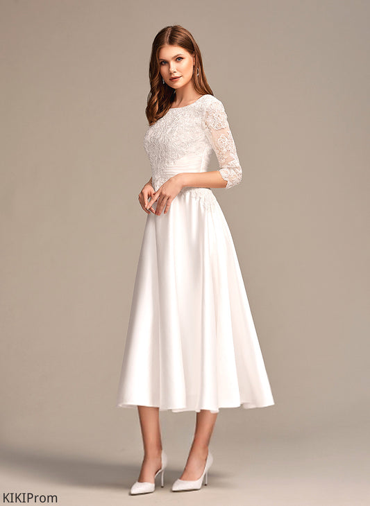 Wedding Satin Wedding Dresses Scoop Tea-Length Una Lace A-Line Dress