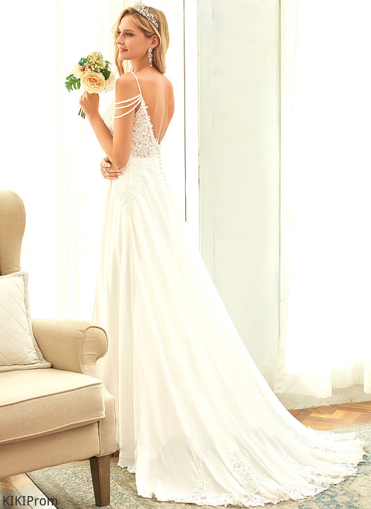 Train Mary Beading Dress Sweep With V-neck A-Line Chiffon Lace Sequins Wedding Wedding Dresses