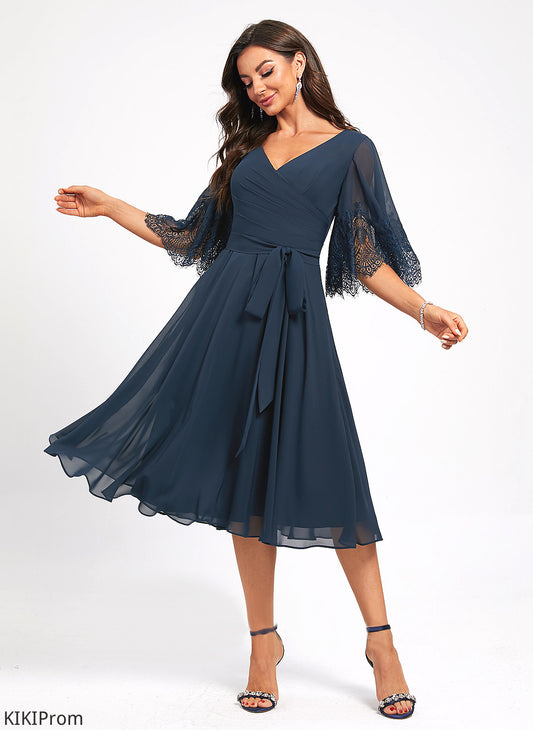 Cocktail Dress With Cocktail Dresses A-Line Knee-Length Sash Chiffon Pleated Lace V-neck Amiah