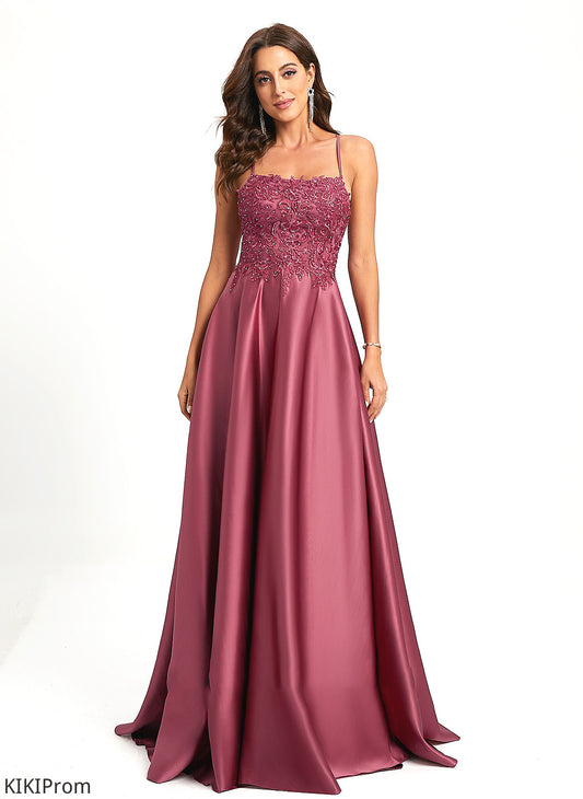 With Sequins A-Line Sweep Satin Train Neckline Raelynn Prom Dresses Beading Square