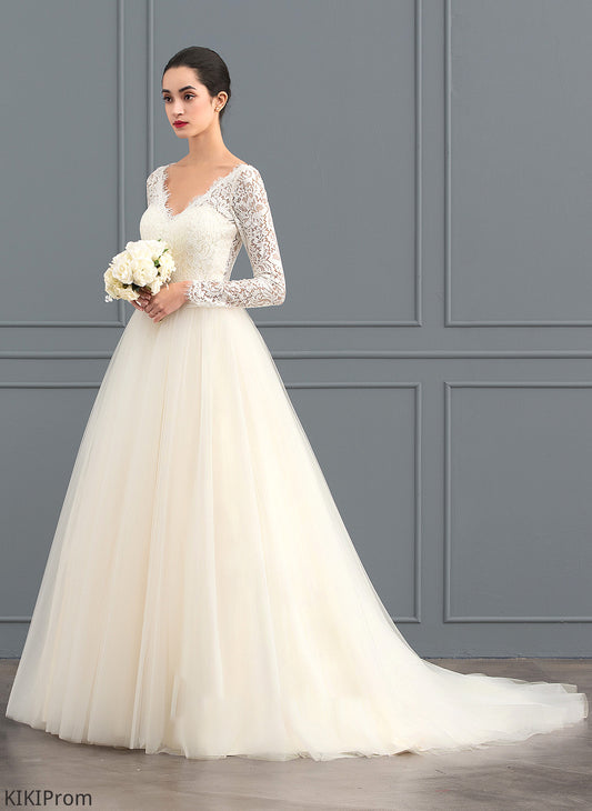 Tulle Rosa Wedding Dresses V-neck Train Lace Dress Court Ball-Gown/Princess Wedding
