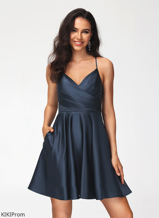 A-Line Esther V-neck Pleated Homecoming Dresses Dress Short/Mini With Homecoming Satin