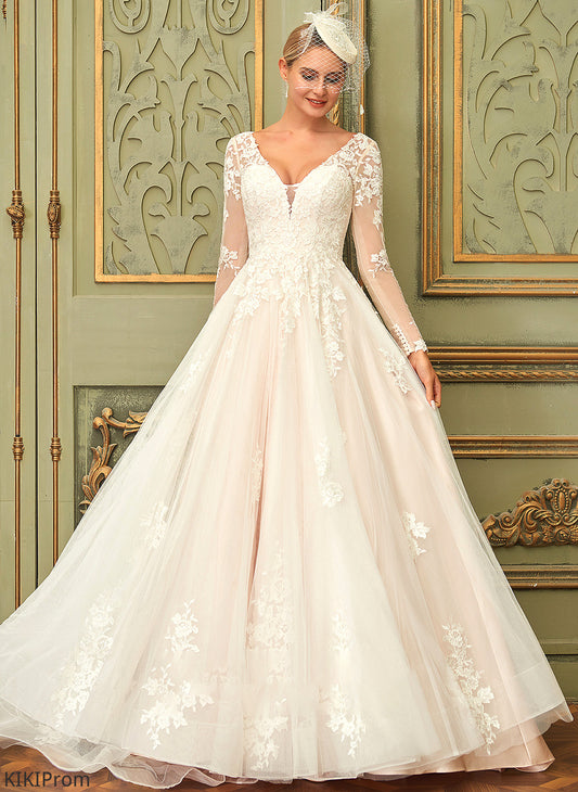Diya Lace Tulle Wedding Dresses Sweep Dress Wedding Train Ball-Gown/Princess V-neck