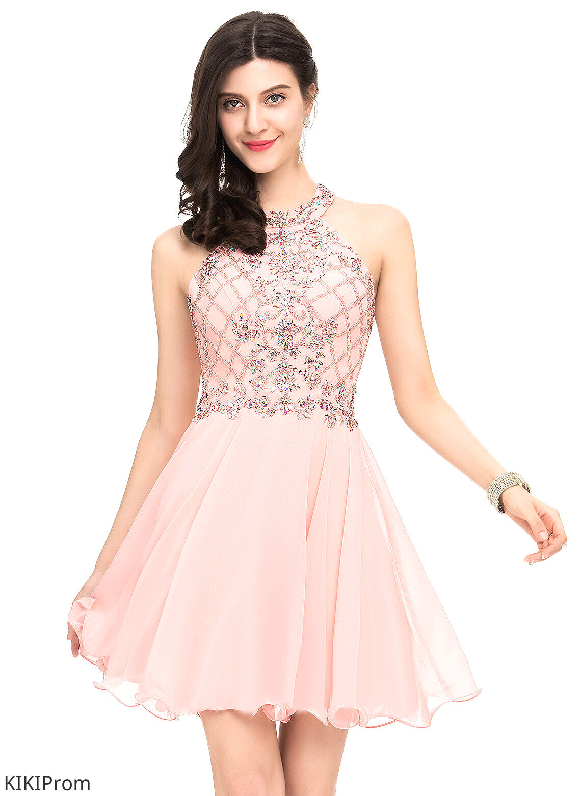 Beading Homecoming A-Line Dress Mariyah Short/Mini With Neck Homecoming Dresses Sequins Chiffon Scoop
