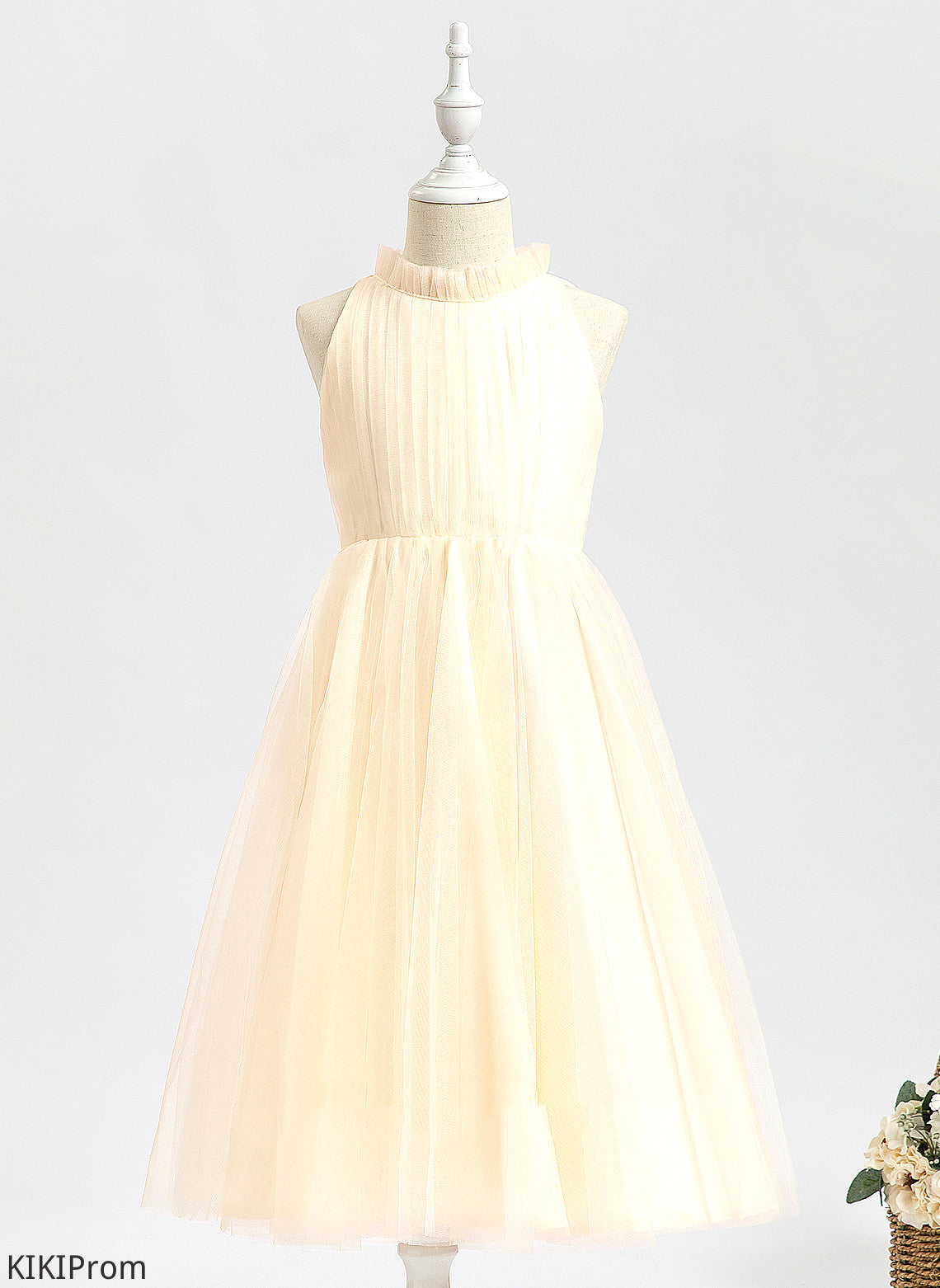 Girl Flower Girl Dresses High Tulle Flower Sherry A-Line Tea-length Neck Sleeveless Dress -