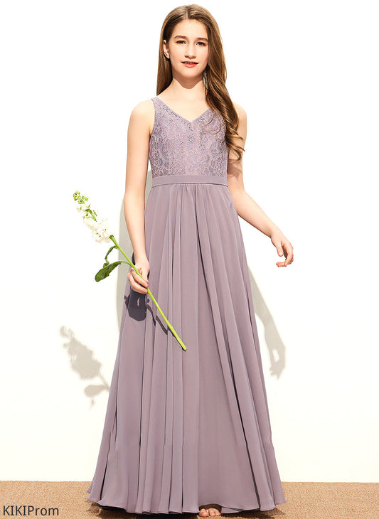 Junior Bridesmaid Dresses Araceli V-neck A-Line Lace Chiffon Floor-Length