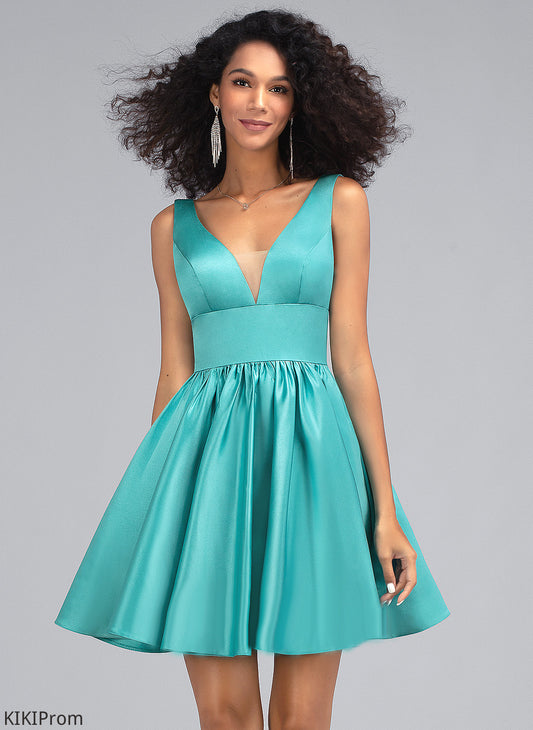 Short/Mini V-neck Sal Satin Homecoming Dress Homecoming Dresses With Pockets A-Line