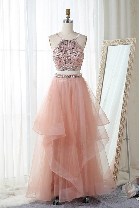 Pink Two Piece Floor Length Halter Sleeveless Backless Beading Prom Dresses