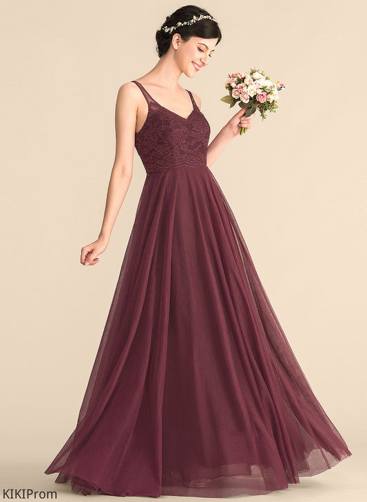 Straps Floor-Length Tulle A-Line V-neck Fabric Lace Length Neckline Silhouette Allison Natural Waist Bridesmaid Dresses