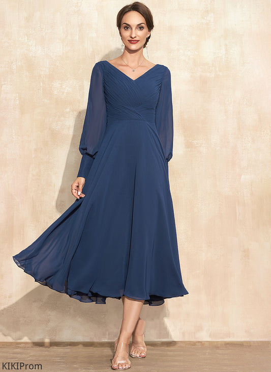 A-Line Cocktail Dresses Tea-Length Cocktail V-neck Chiffon Giselle Dress With Ruffle