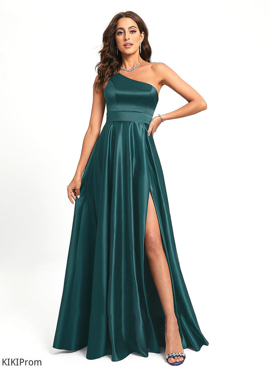 Jaelynn One-Shoulder A-Line Satin Beading Floor-Length Prom Dresses With