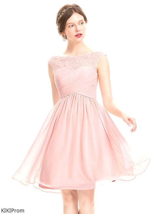 A-Line Prom Dresses Ruffle Chiffon Logan Beading Tulle With Knee-Length Scoop