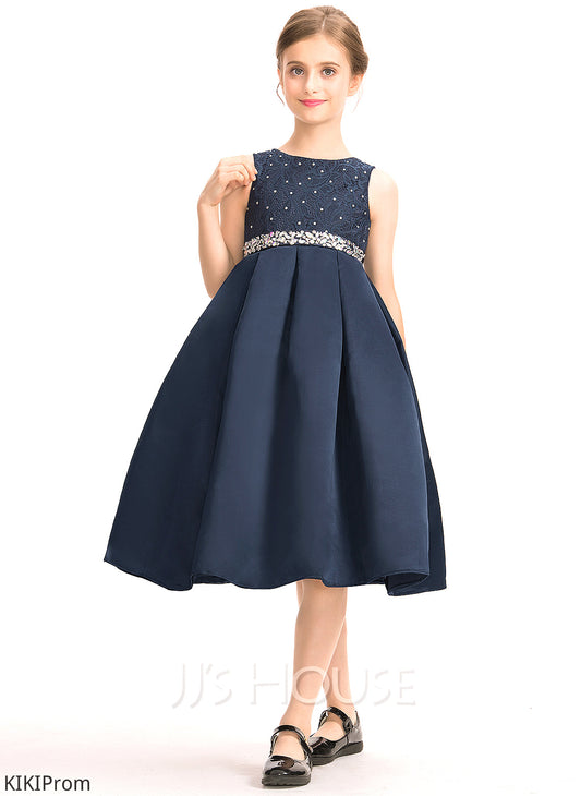 Bow(s) With Junior Bridesmaid Dresses A-Line Beading Lace Neck Satin Karen Scoop Knee-Length