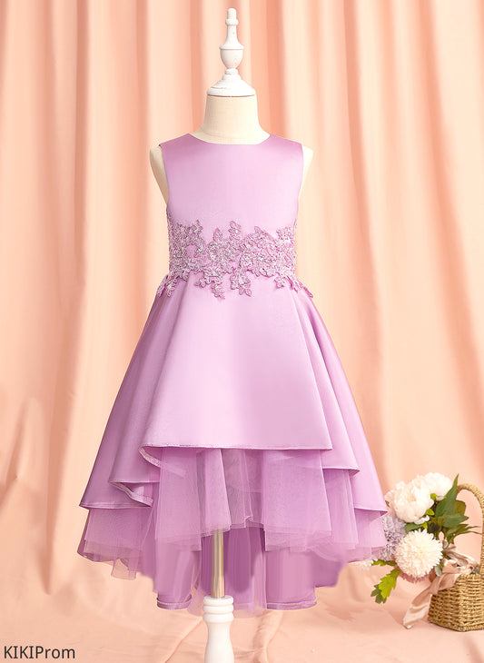 Sleeveless Dress Lace/Beading/Bow(s) With Flower Asymmetrical Satin/Tulle Scoop Girl - Flower Girl Dresses Zariah Neck A-Line