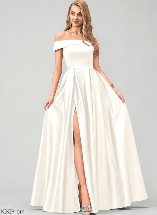 Satin With Pockets Front Split Cierra Wedding Dress Floor-Length Wedding Dresses Off-the-Shoulder Ball-Gown/Princess