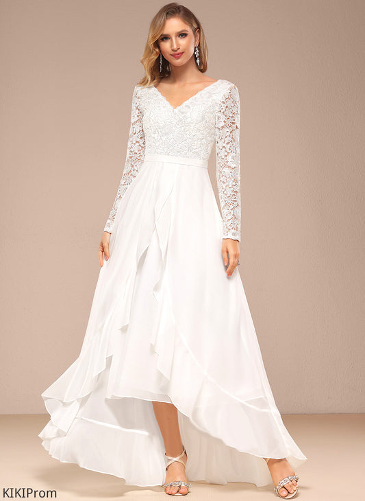Dress Wedding Dresses V-neck Chiffon A-Line Jakayla Asymmetrical Wedding Lace