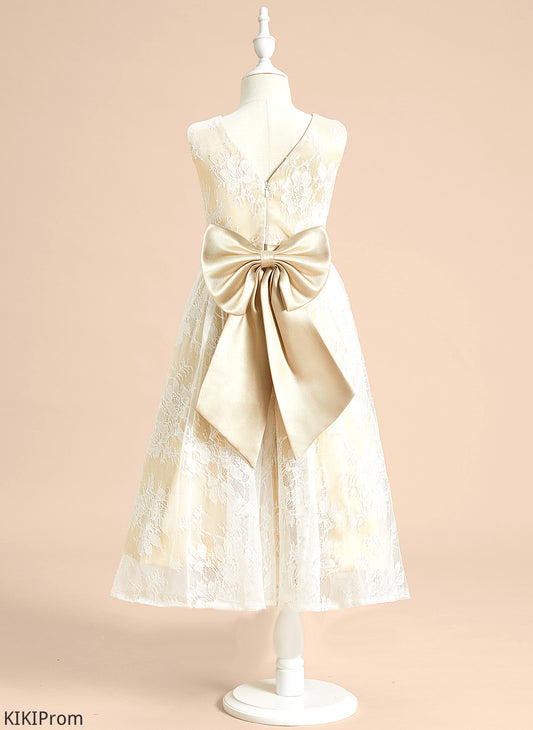Flower Tea-length Neck Dress Flower Girl Dresses - Melody Bow(s) Sleeveless With Scoop Satin/Lace Girl A-Line