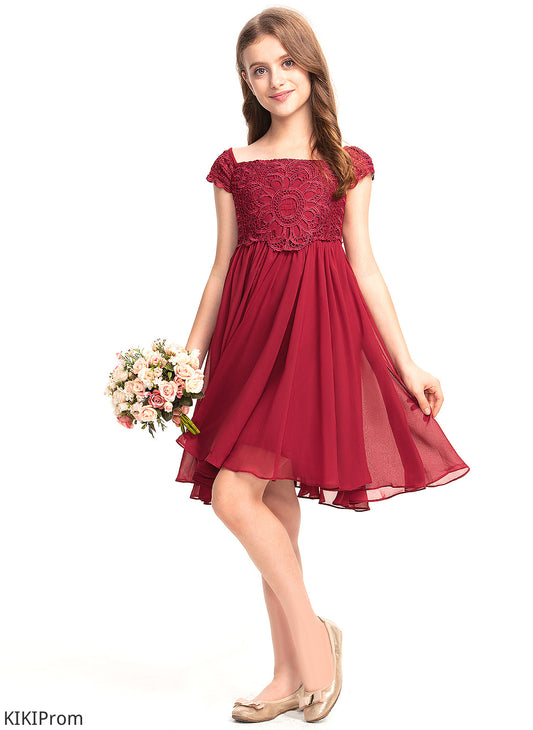 Knee-length Girl - Chiffon Melanie Sleeves Short Dress A-Line Flower Neckline Square Flower Girl Dresses
