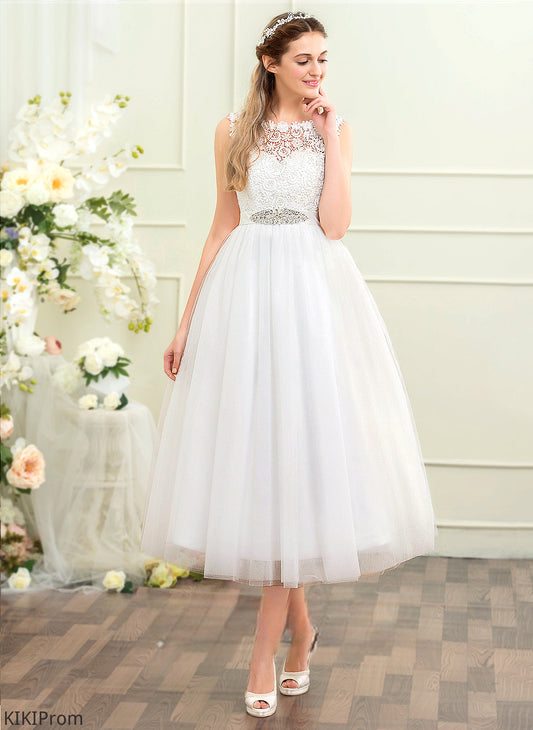 Dress Wedding Ball-Gown/Princess Tea-Length Satin Wedding Dresses Neck Scoop Beading Thelma Tulle With Lace Sequins
