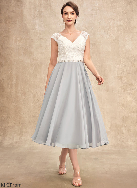 Mother of the Bride Dresses Lace Tea-Length Beading Kiana Dress A-Line Chiffon Bride With of V-neck the Mother