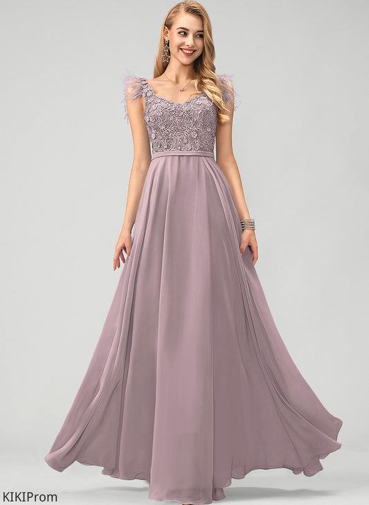 Prom Dresses A-Line Beading Floor-Length V-neck Flower(s) Sequins With Feather Valerie Chiffon