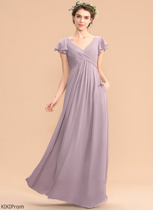 A-Line Pockets Fabric V-neck Length Neckline Silhouette CascadingRuffles Embellishment Floor-Length Miya Sleeveless Bridesmaid Dresses