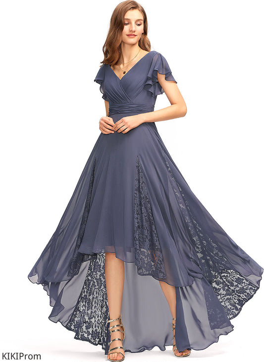 Neckline Embellishment A-Line Fabric Length Silhouette V-neck Asymmetrical Ruffle Riya Floor Length Sleeveless Bridesmaid Dresses