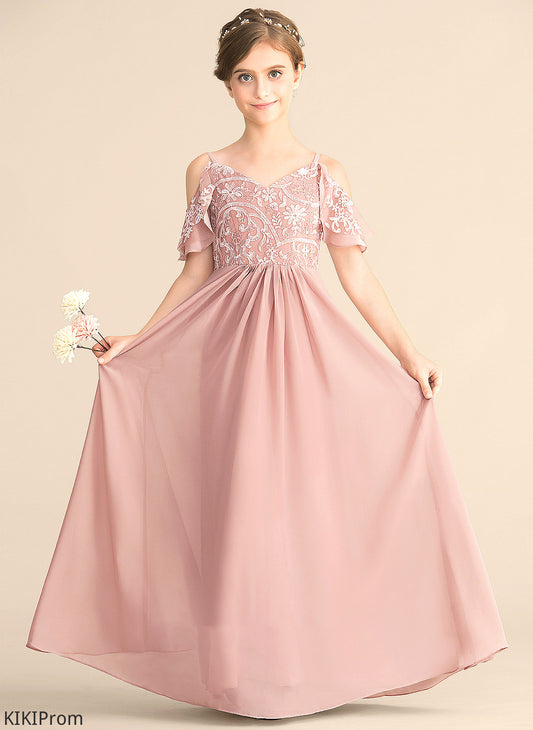 Chiffon Junior Bridesmaid Dresses A-Line V-neck Floor-Length Heaven Lace
