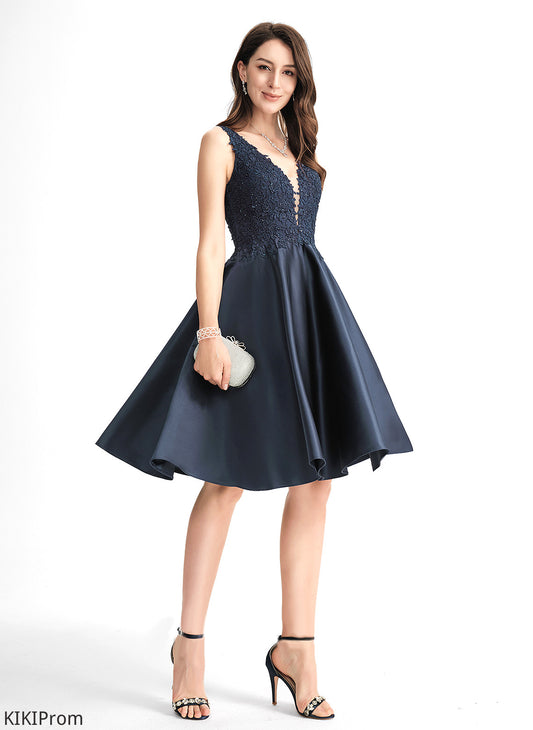 With A-Line Dress Beading Lace Addyson Homecoming Satin V-neck Knee-Length Homecoming Dresses
